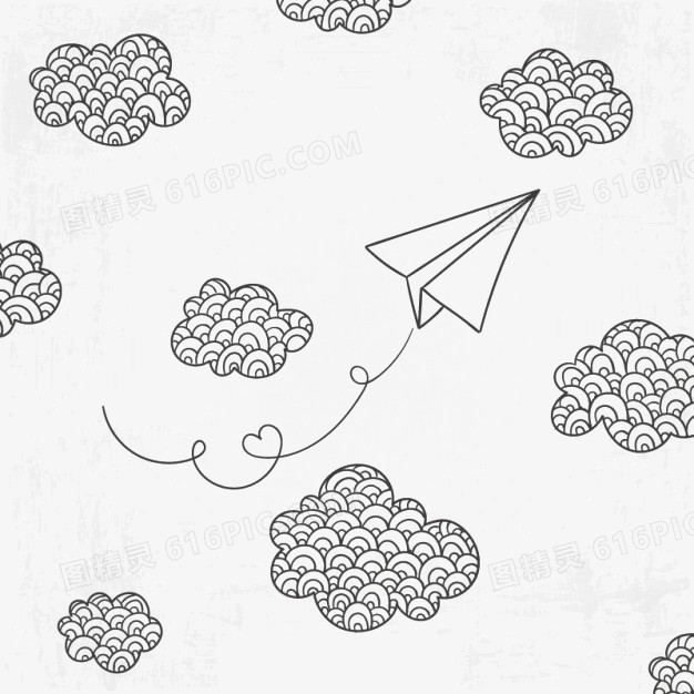手绘纸飞机和云