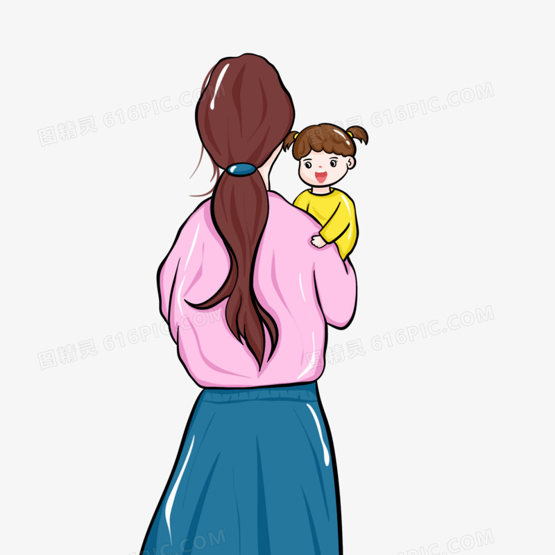 卡通母亲抱着孩子的背影素材