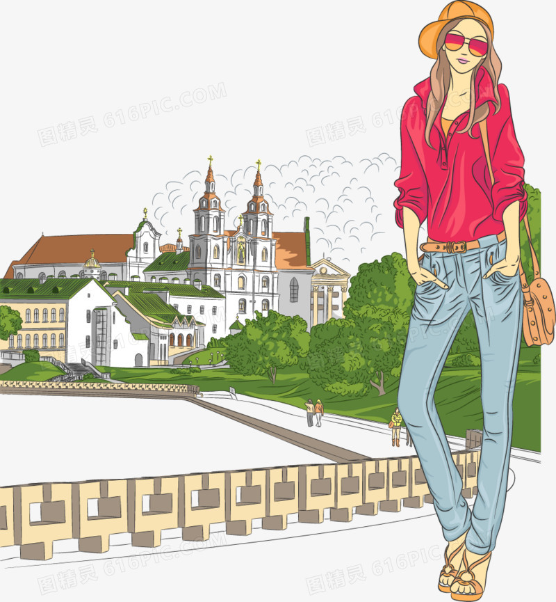时尚美女欧洲旅行插画矢量素材
