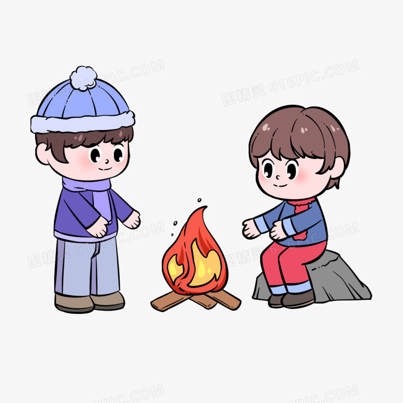 卡通冬天烤火的两个小朋友免抠元素
