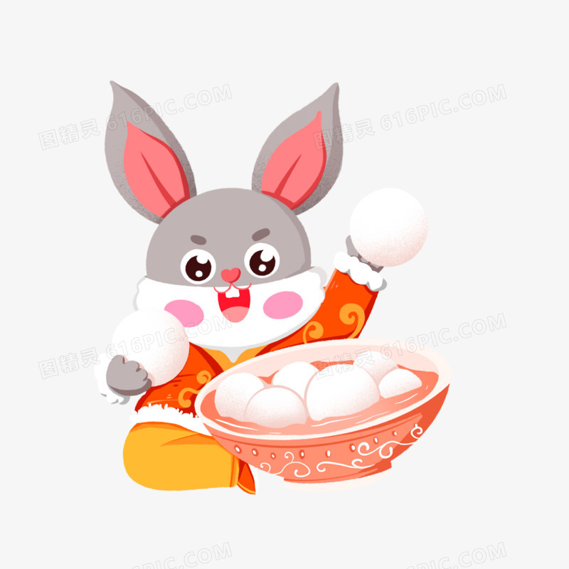 手绘可爱兔兔吃汤圆免抠元素