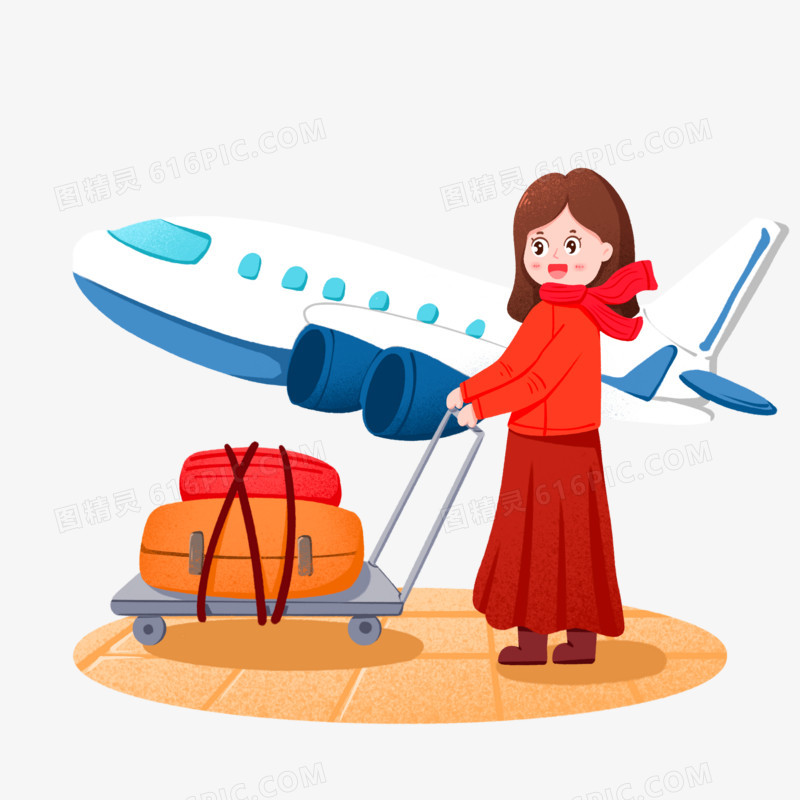卡通手绘女孩在机场推着行李免抠元素