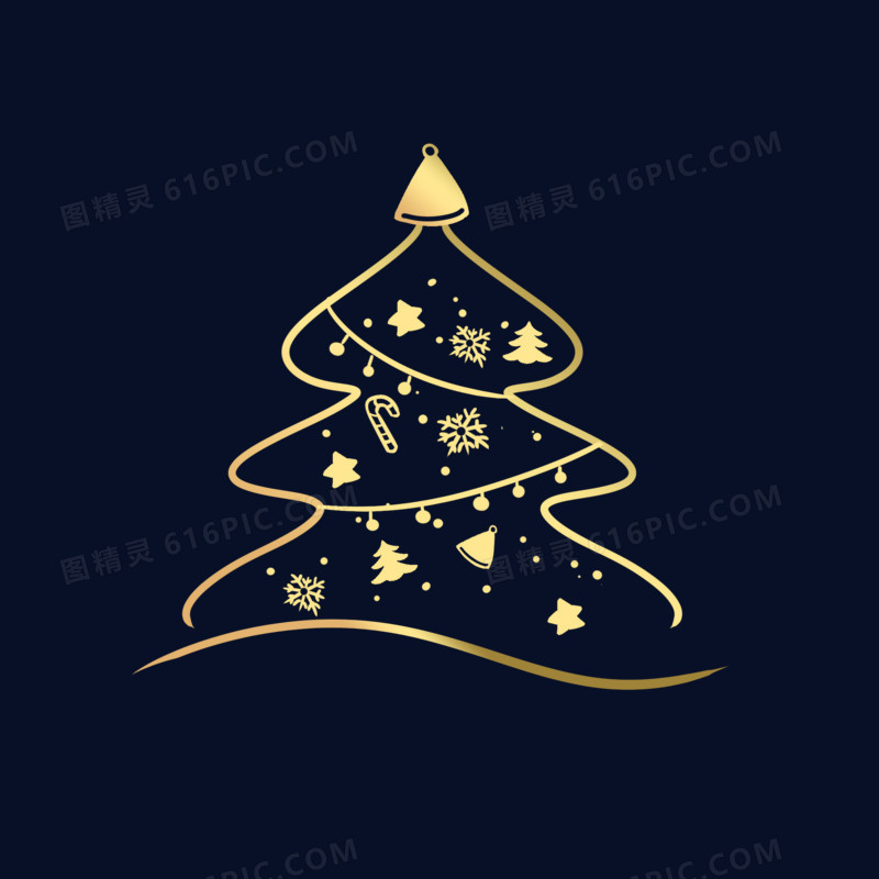 手绘金色线条圣诞树免抠元素