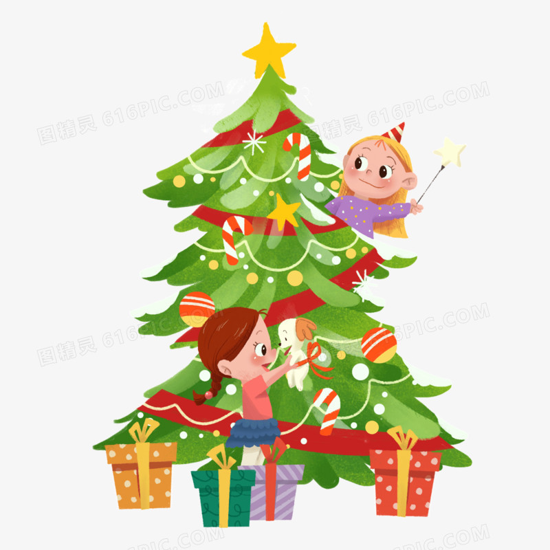 手绘插画风圣诞树下的小女孩和精灵免抠元素