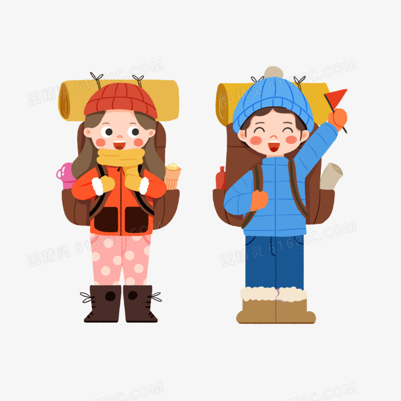 卡通手绘冬季男孩女孩背着背包出游素材