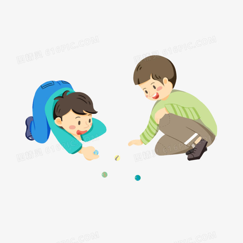 卡通小男孩趴在地上打弹珠素材