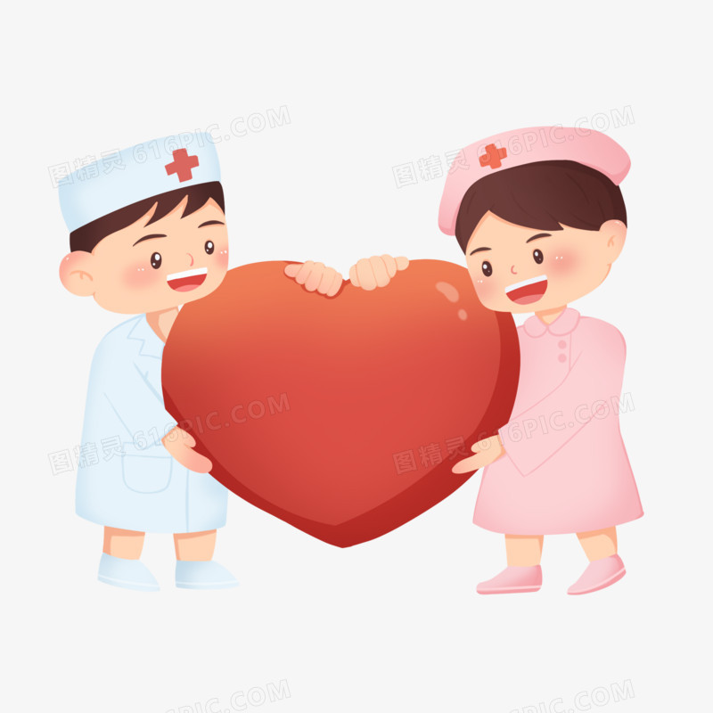 卡通手绘免抠医生护士拥抱爱心元素