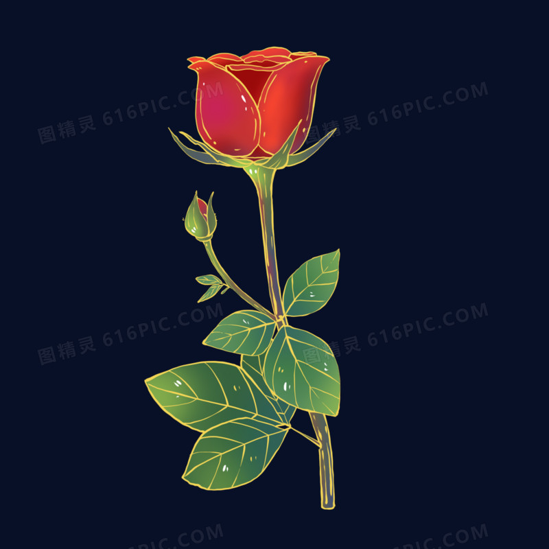 一组手绘国潮风花卉植物之玫瑰花元素