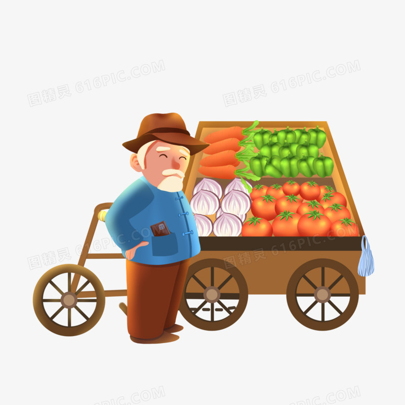 手绘老头骑三轮车卖菜素材