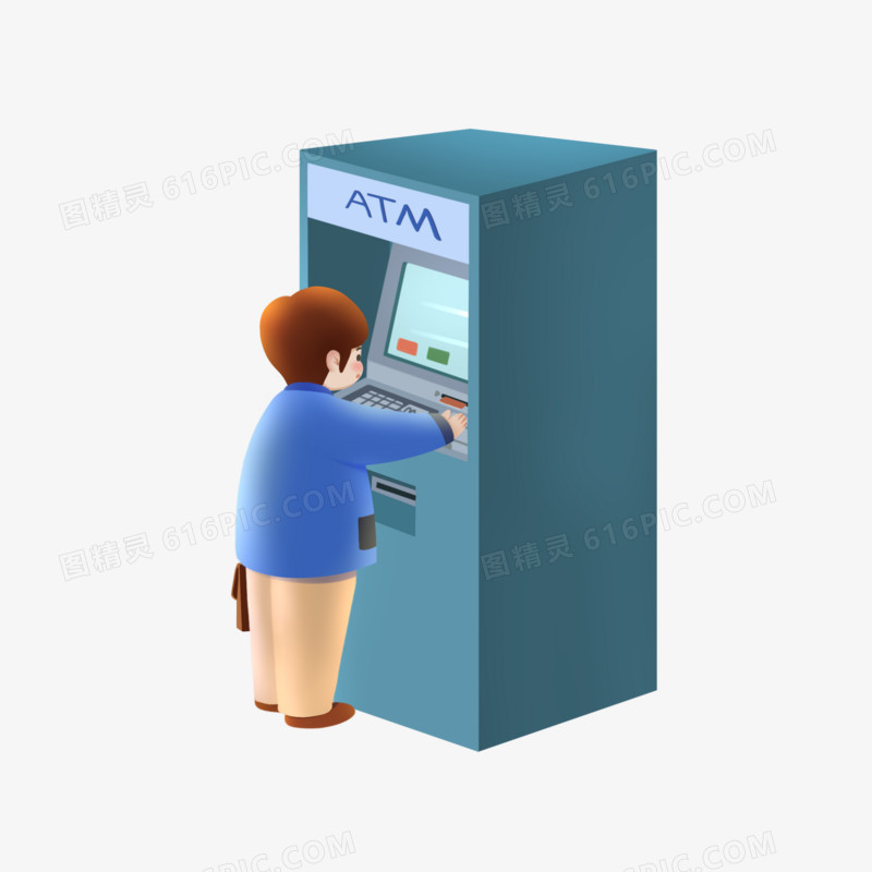 卡通手绘男子ATM机器上取款素材