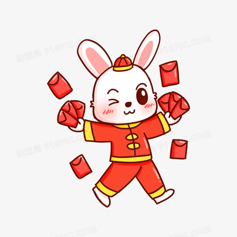 卡通手绘可爱新春一对兔子之手拿红包素材元素
