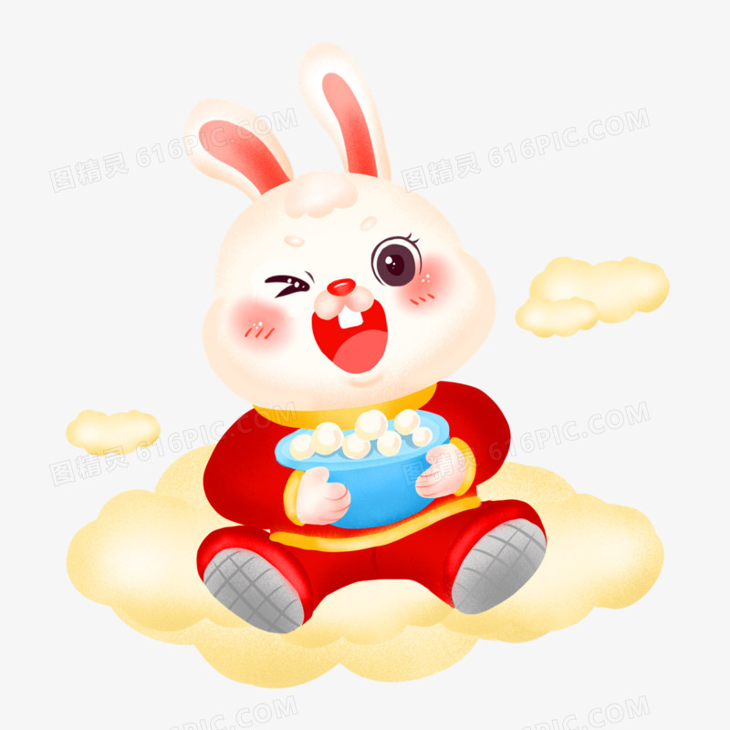 手绘插画风元宵兔子抱着一碗汤圆免抠素材