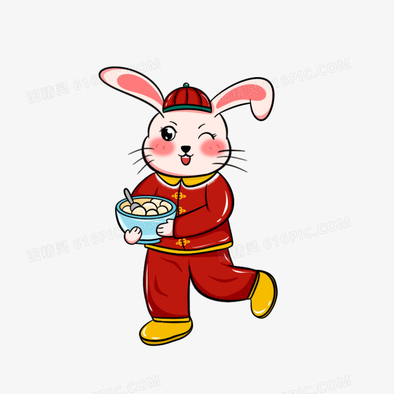 手绘卡通兔年小兔子抱着一碗汤圆素材