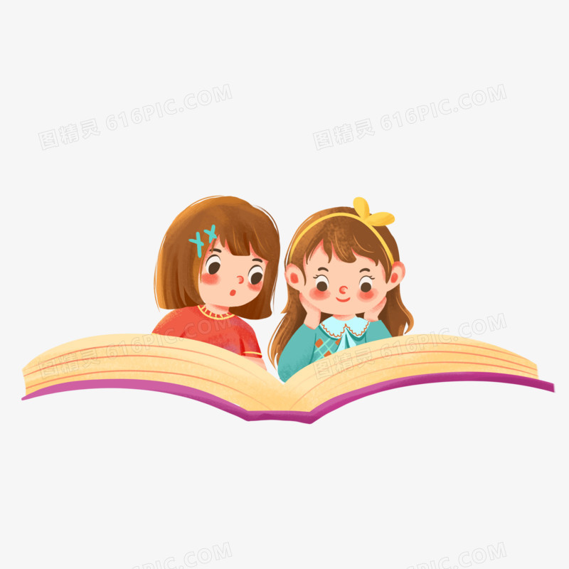 卡通手绘两个女孩看书场景素材