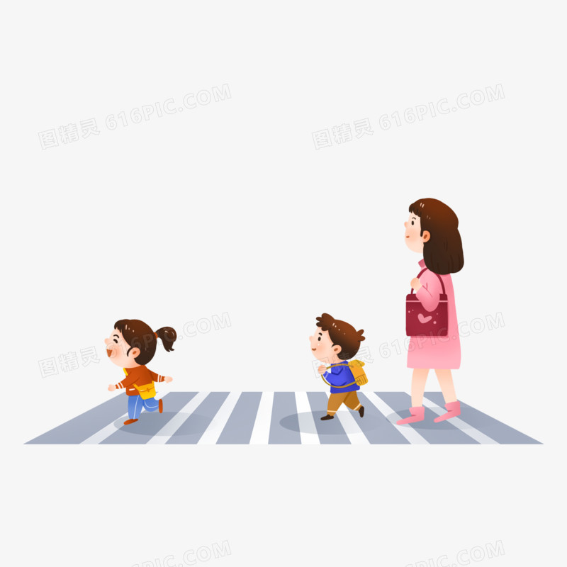 手绘卡通儿童行人过马路免抠元素