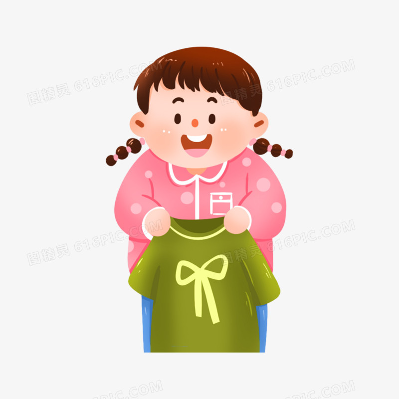 手绘卡通小女孩自己穿衣服免抠元素