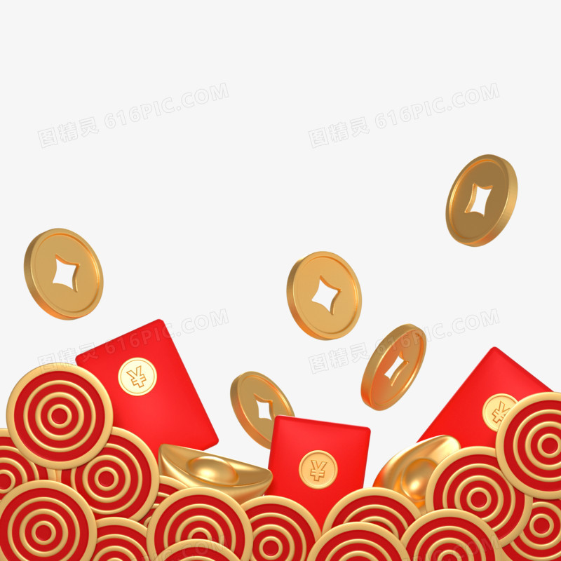 C4D红色金币红包元宝底边装饰元素