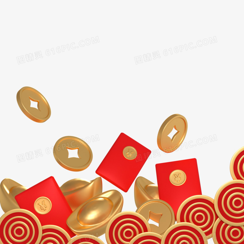 C4D红色金币元宝红包底边装饰元素