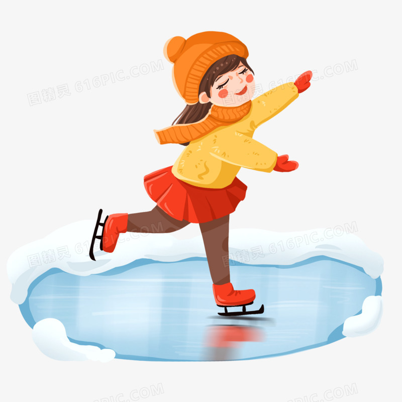 卡通手绘滑冰的小女孩元素