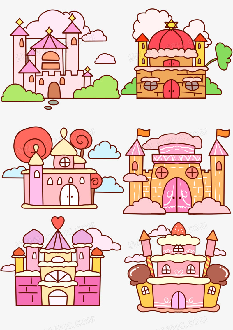 一组手绘简单梦幻城堡合集元素