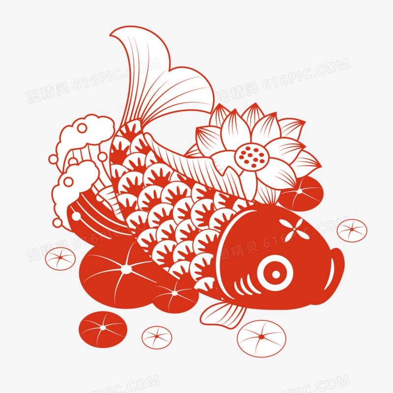 卡通矢量红色剪纸动物鲤鱼锦鲤元素