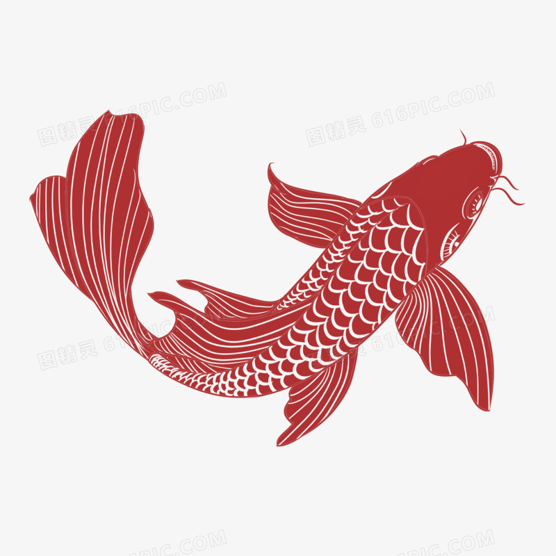 红色新年剪纸鱼装饰元素
