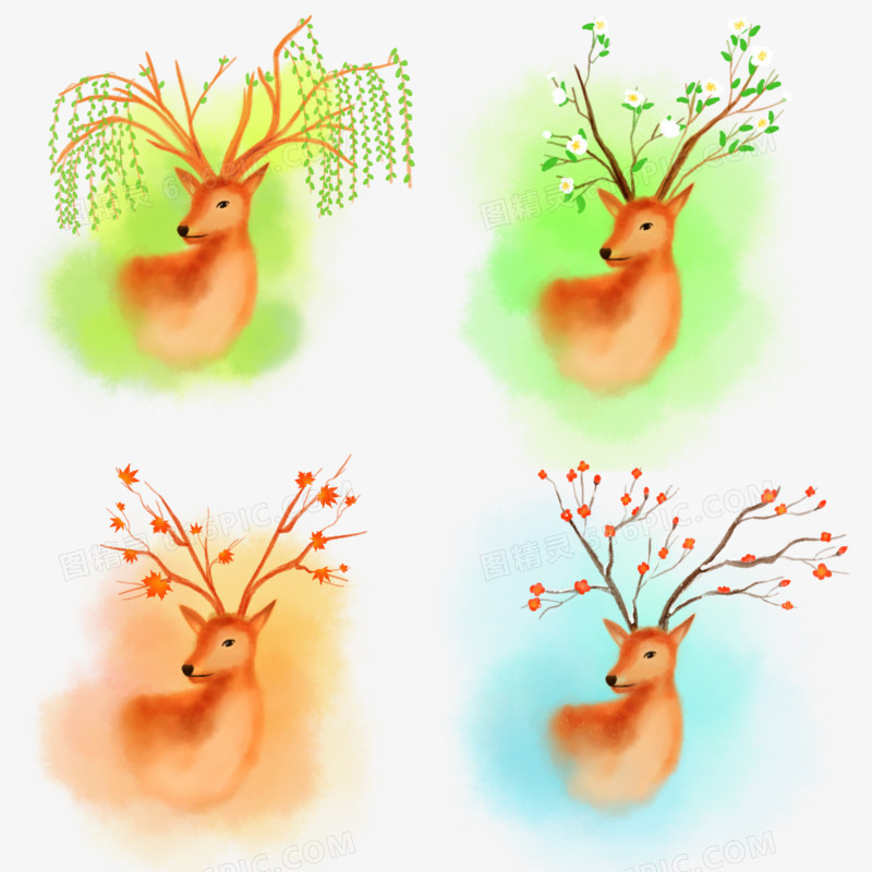 一组手绘创意春夏秋冬代表性植物套图免抠元素