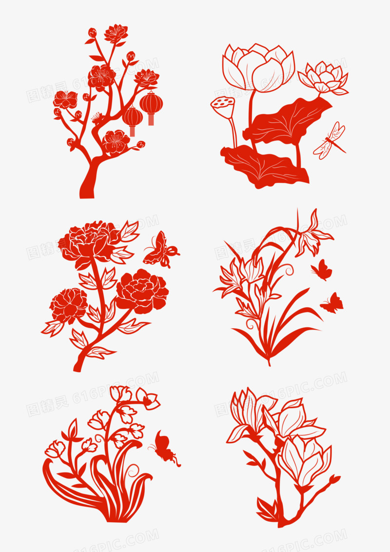 一组红色植物花卉剪纸素材