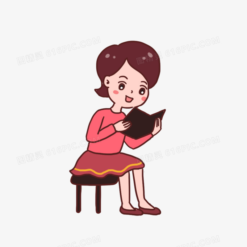 卡通手绘免抠坐着看书的女人免抠元素