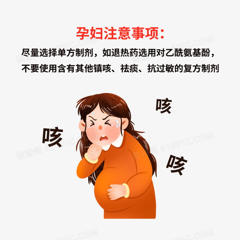 手绘卡通孕妇发烧用药提示免抠元素