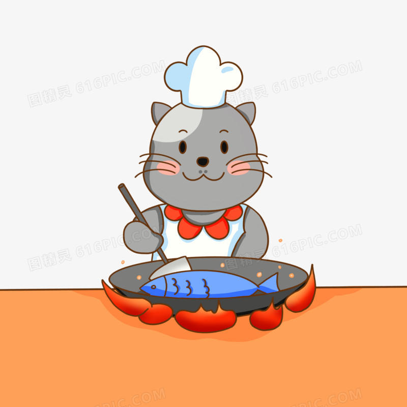 手绘卡通小猫大厨煎鱼素材