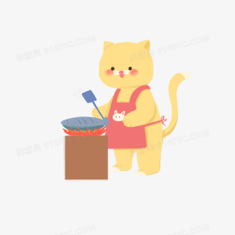 手绘卡通拟人小猫煎鱼素材