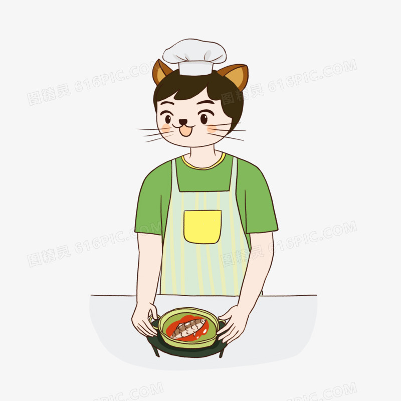 卡通拟人小猫大厨煎鱼免抠元素