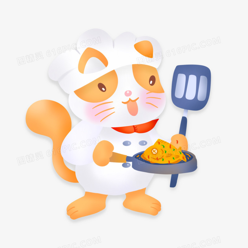 卡通手绘拟人猫咪小猫大厨煎鱼烹饪做菜素材