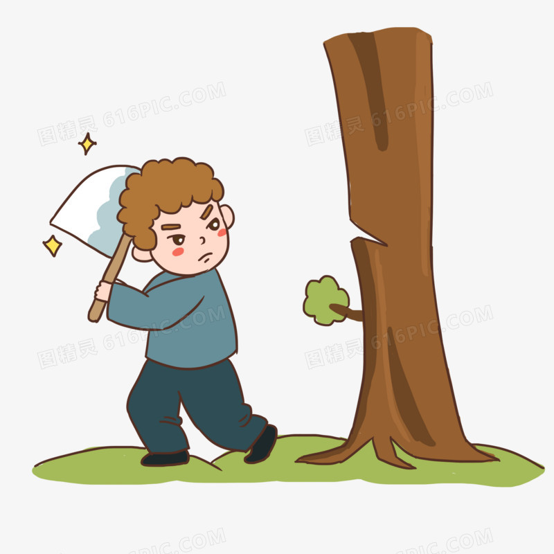 手绘卡通砍伐树木免抠元素