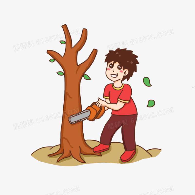 手绘卡通坏人砍伐树木森林免抠元素