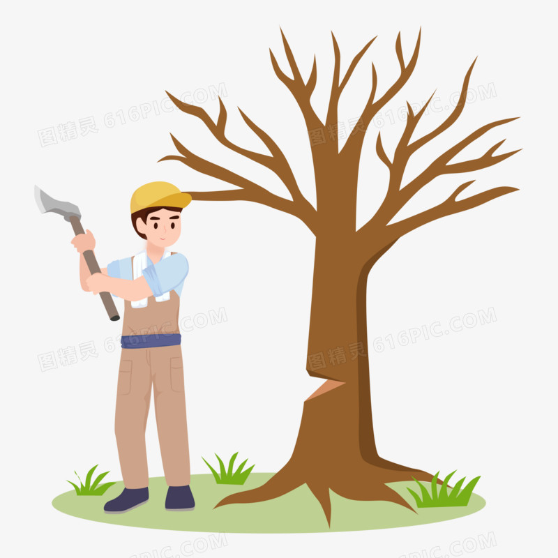 卡通矢量伐木工人砍伐树木素材