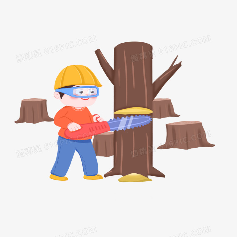 手绘卡通伐木工人砍树场景素材