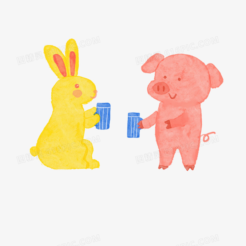 卡通小动物兔子和猪猪干杯素材