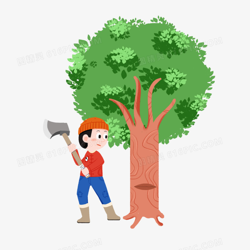 卡通伐木工砍伐树木素材