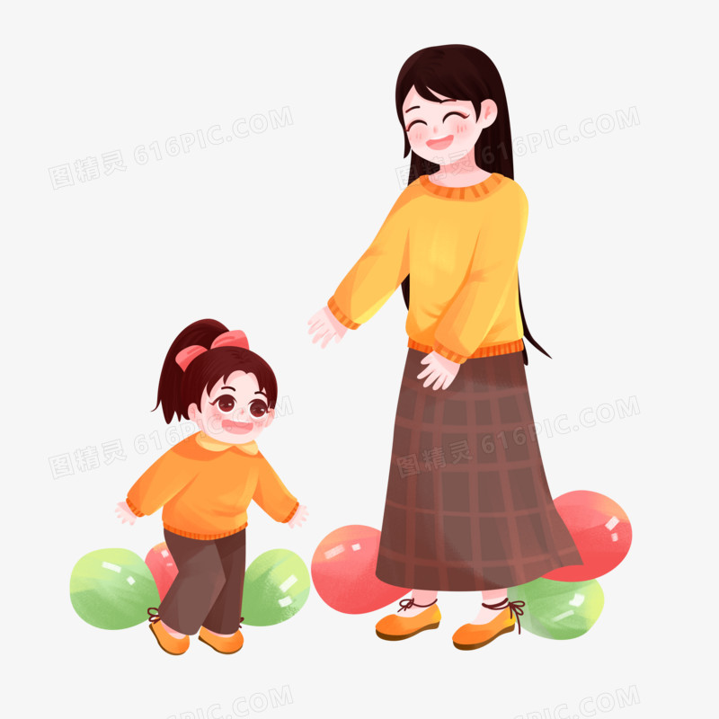 卡通妈妈陪女孩玩踩气球小游戏素材