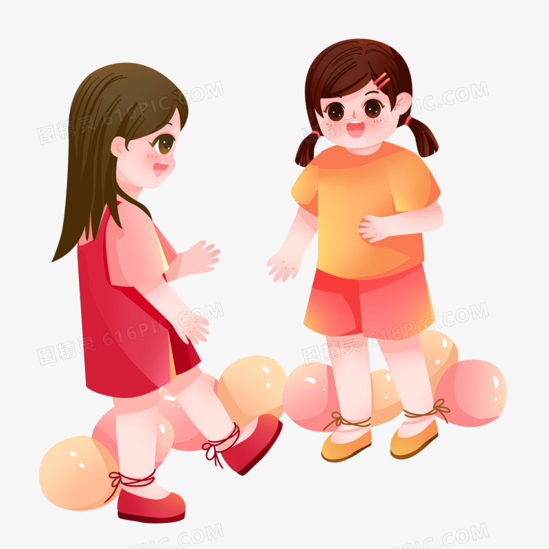 卡通小朋友一起玩踩气球素材