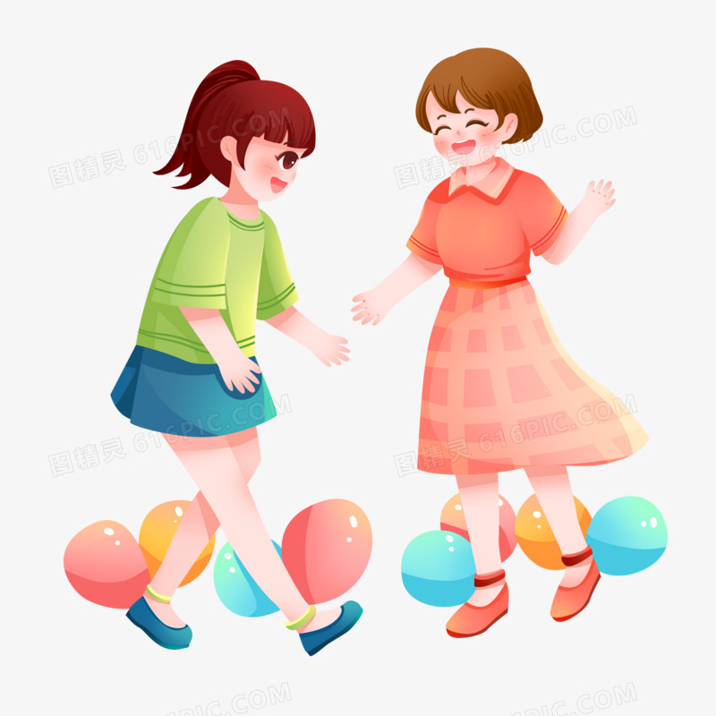 卡通女孩玩踩气球游戏素材