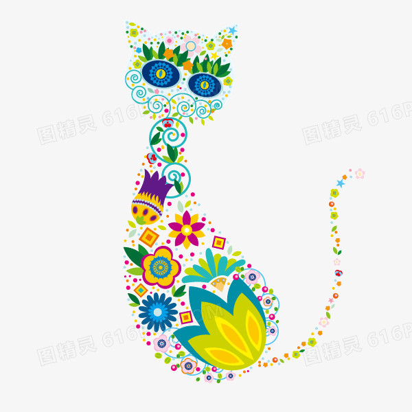 猫 卡通猫咪 扁平化 花朵 彩色 拼接 装饰图案