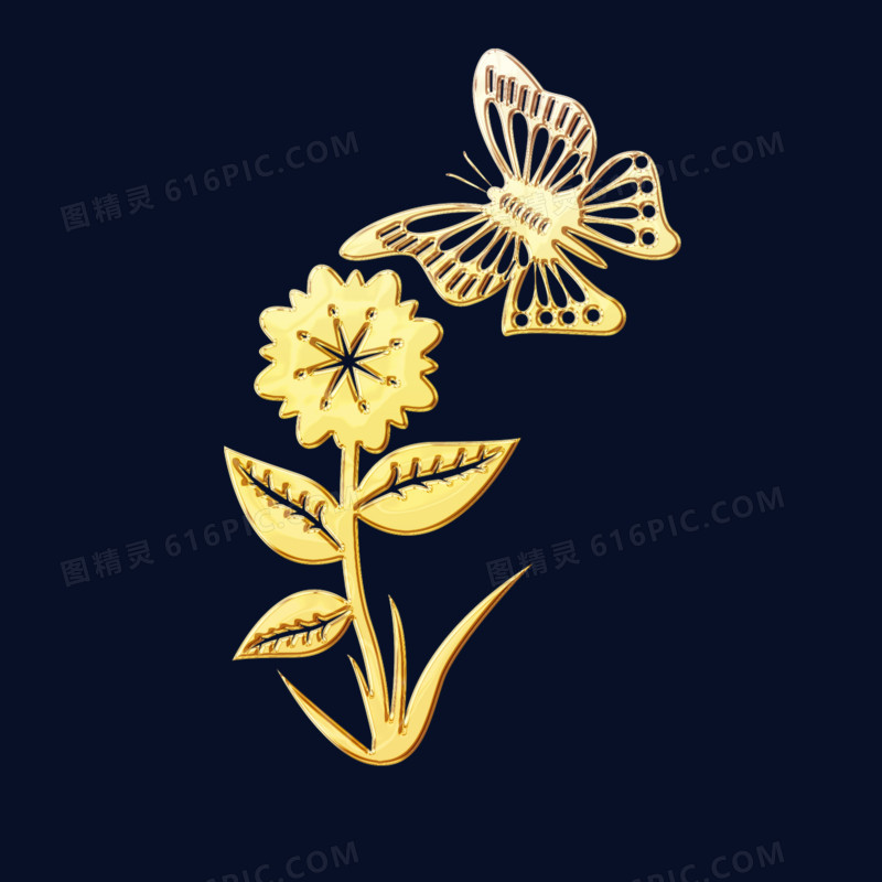 金色立体蝴蝶飞在花上装饰元素