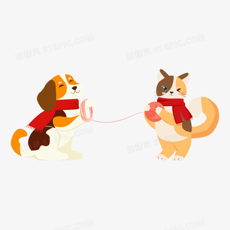 卡通小猫和小狗玩卷毛线球素材