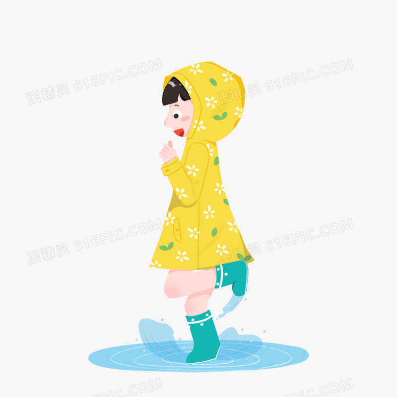 手绘女孩穿黄色雨衣踩水场景素材