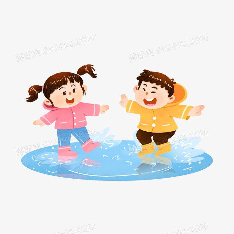 手绘卡通两个小孩踩水免抠元素