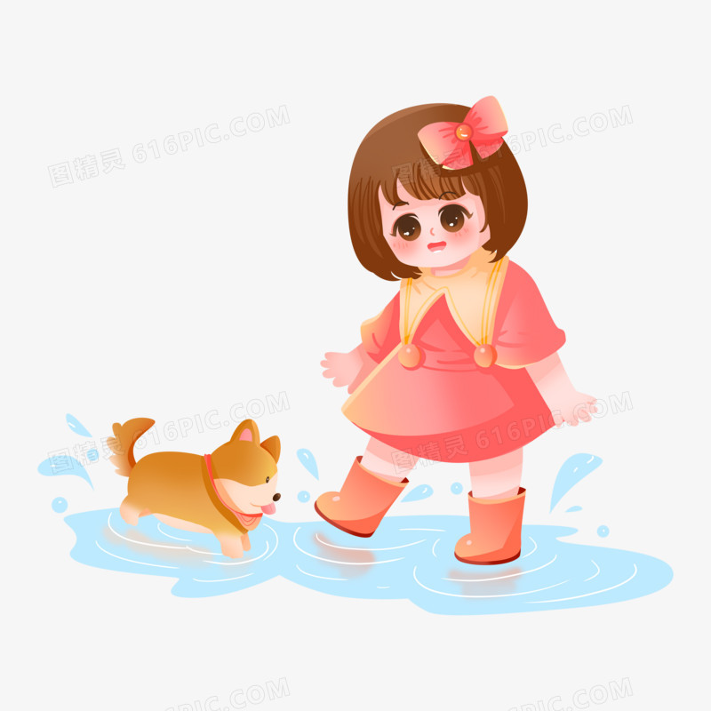 手绘插画小女孩和小狗踩水素材
