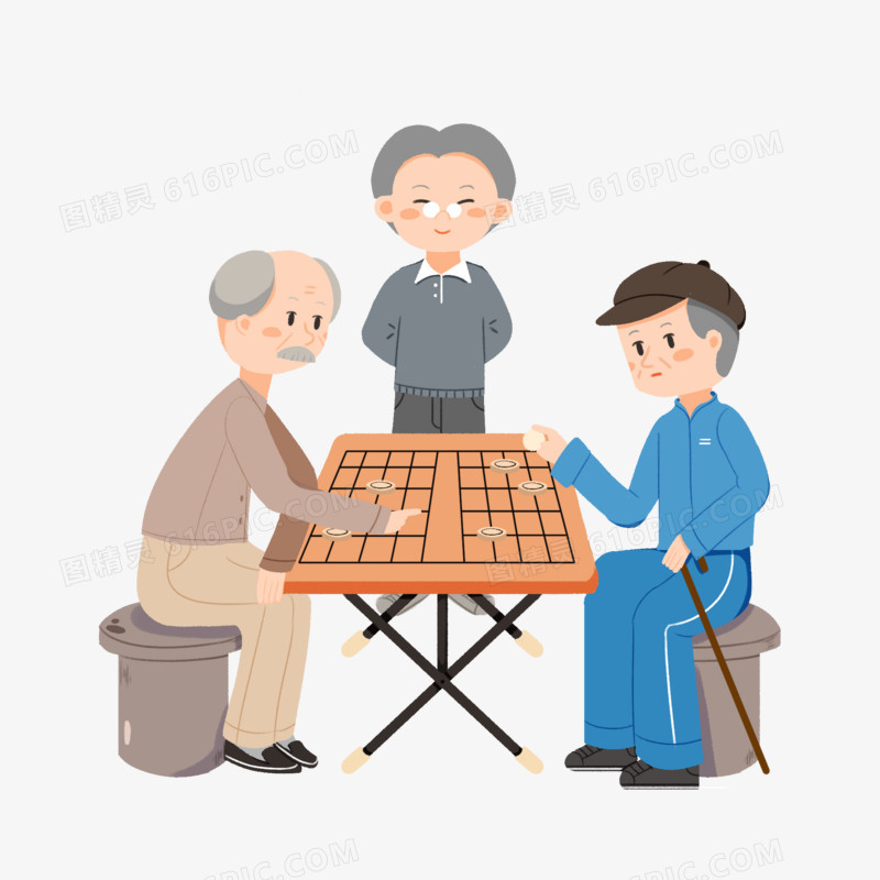 手绘下棋的老大爷素材